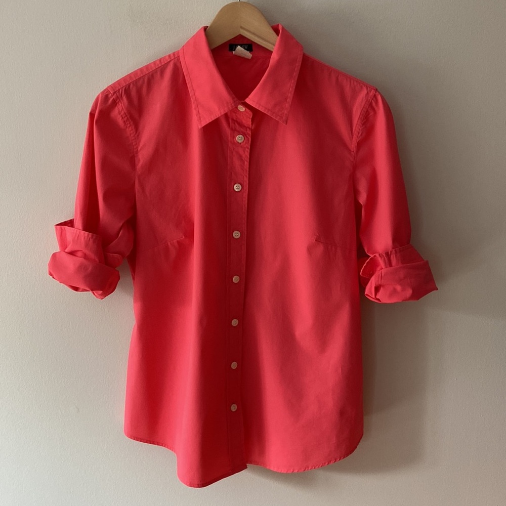 J Crew Haberdashery Stretch Cotton Shirt Vibrant Coral Size Large EUC